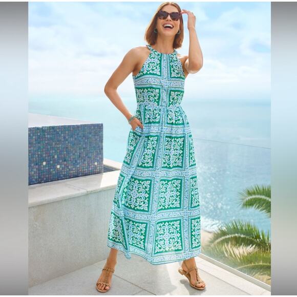 Talbots Cotton Medallion Tiles Halter Midi Dress Blue Green SZ 20 - Picture 1 of 10
